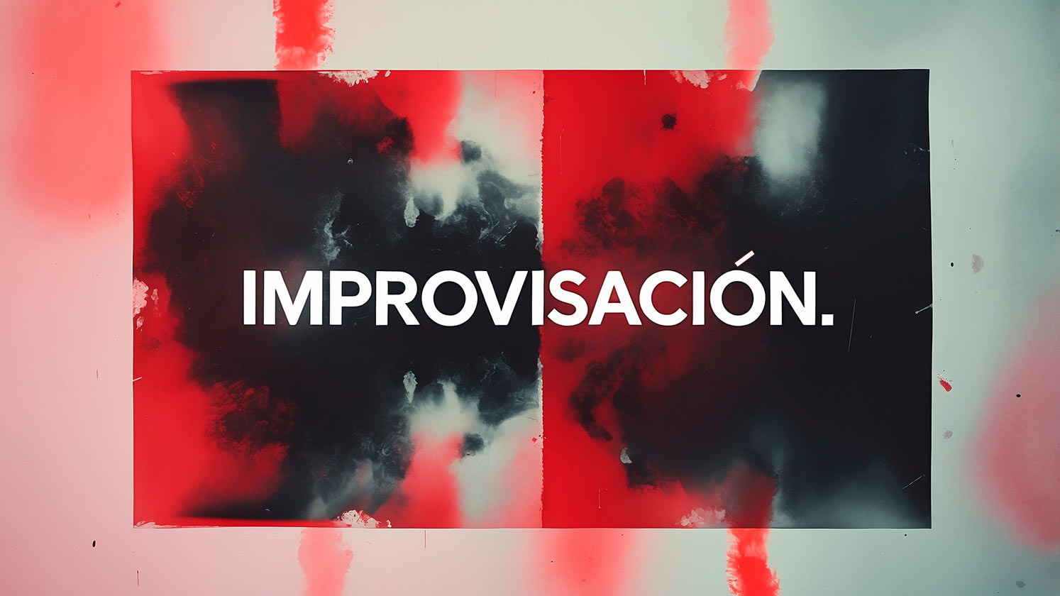 Una imagen caótica que evoca el ritmo frenético de la improvisacion en marketing digital con el texto 